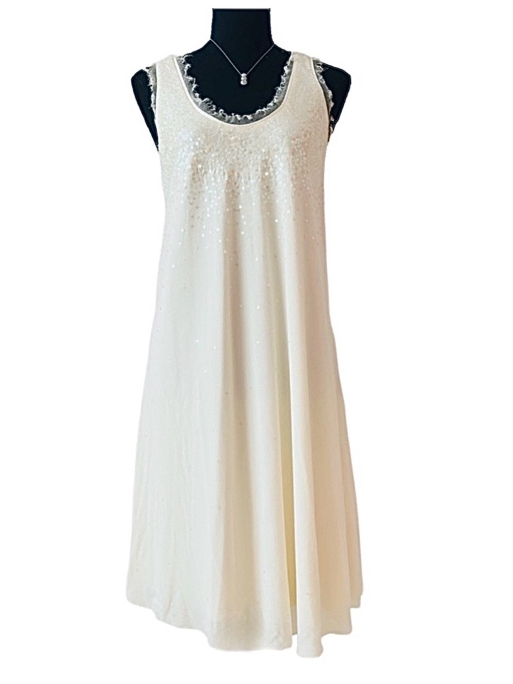 NICOLE MILLER ~ Ivory Silk Sequined Tank Dress Fully Lined Chiffon Details